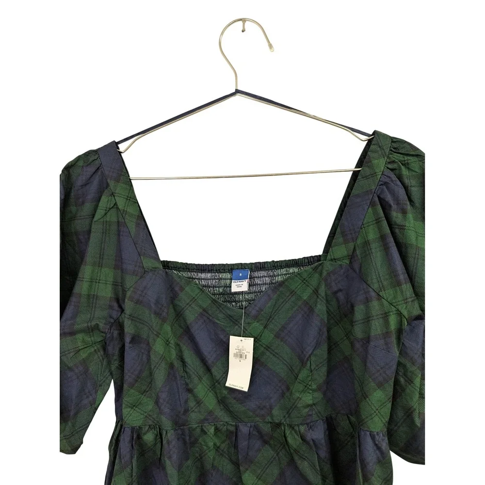 Old Navy Puff Sleeve Poplin Peplum Top Smocked Holiday Plaid Blue Green S NWT